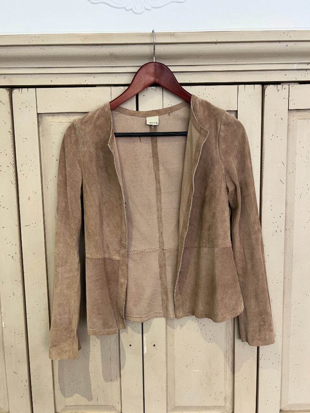 ecru Perforated Suede Leather Jacket Collarless Tan Taupe Unlined XS